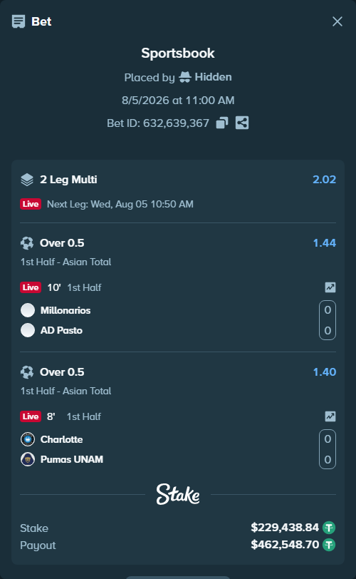 Bet slip: Charlotte - Pumas UNAM, $229,668.28 stake at 1.40 odds, placed by Hidden