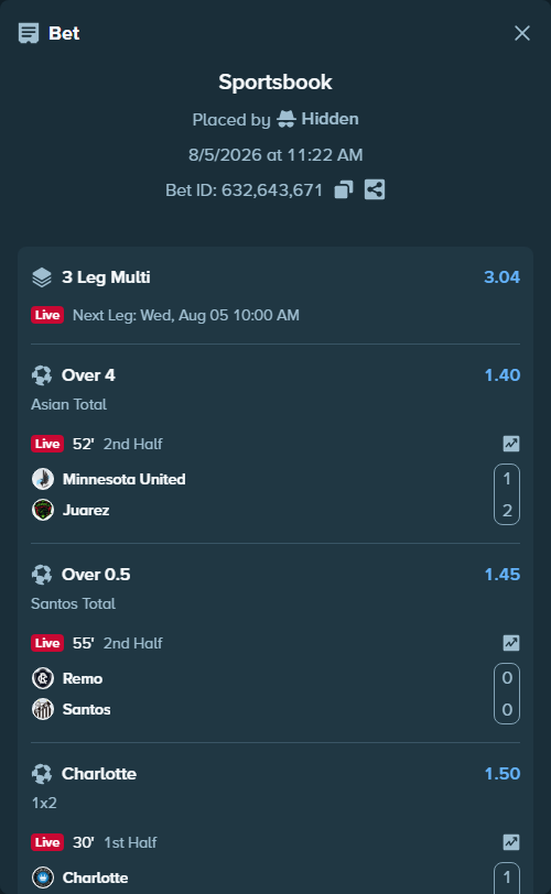Bet slip: Charlotte - Pumas UNAM, $295,295.00 stake at 1.50 odds, placed by Hidden
