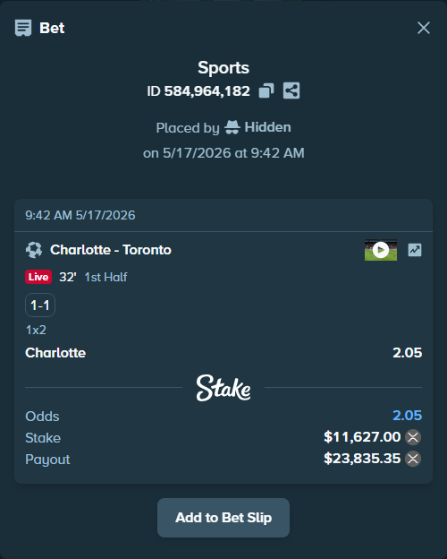 Bet slip: Charlotte - Toronto, $9,454.67 stake at 2.05 odds, placed by Hidden