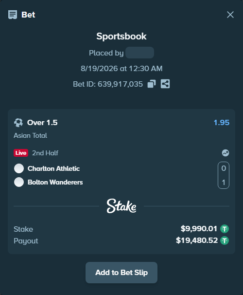Bet slip: Charlton Athletic - Bolton Wanderers, $10,000.00 stake at 1.95 odds, placed by tlwns4736