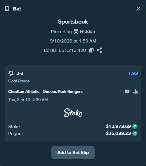 Bet slip: Charlton Athletic - Queens Park Rangers, $12,973.69 stake at 1.93 odds, placed by Hidden