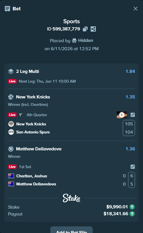 Bet slip: Charlton, Joshua - Matthew Dellavedova, $10,000.00 stake at 1.36 odds, placed by Hidden