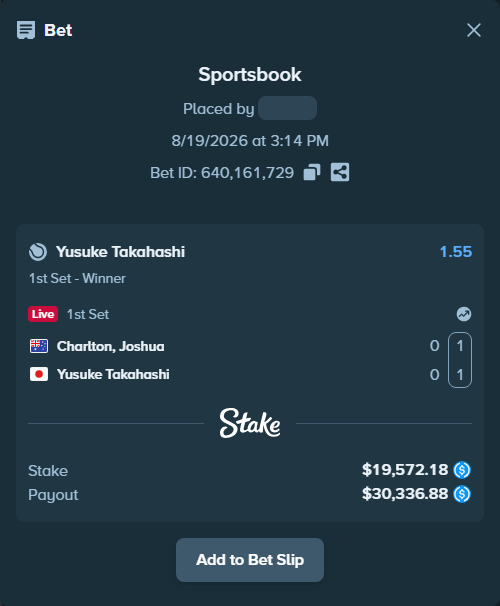 Bet slip: Charlton, Joshua - Yusuke Takahashi, $19,572.18 stake at 1.55 odds, placed by kuwkuw