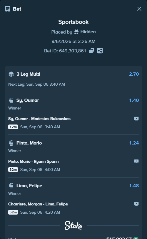 Bet slip: Charriere, Morgan - Lima, Felipe, $15,001.17 stake at 1.48 odds, placed by Hidden