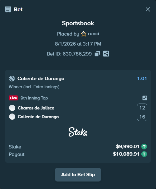 Bet slip: Charros de Jalisco - Caliente de Durango, $10,000.00 stake at 1.01 odds, placed by runci