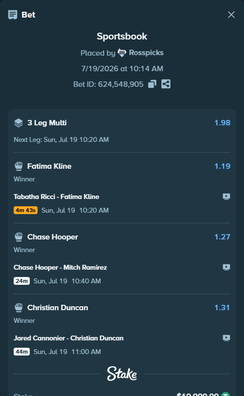 Bet slip: Chase Hooper - Mitch Ramirez, $10,000.00 stake at 1.27 odds, placed by Rosspicks