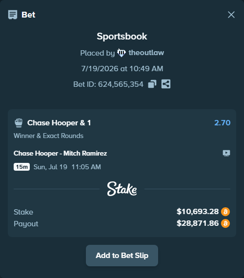 Bet slip: Chase Hooper - Mitch Ramirez, $10,627.04 stake at 2.70 odds, placed by theoutlaw