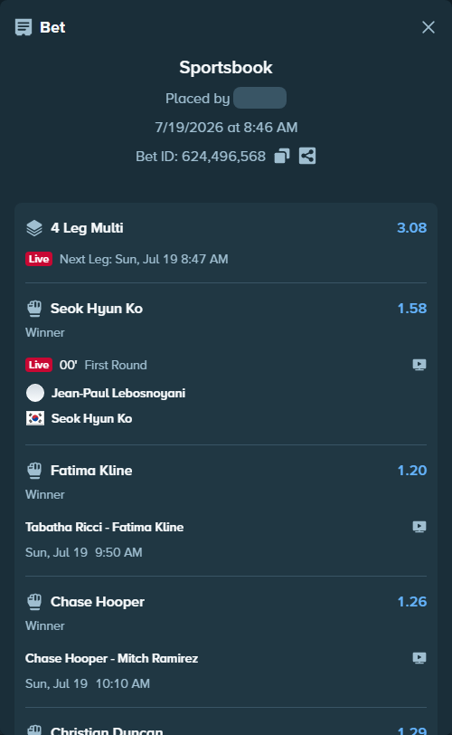 Bet slip: Chase Hooper - Ramirez, Mitch, $10,000.00 stake at 1.26 odds, placed by TeslaKesla22