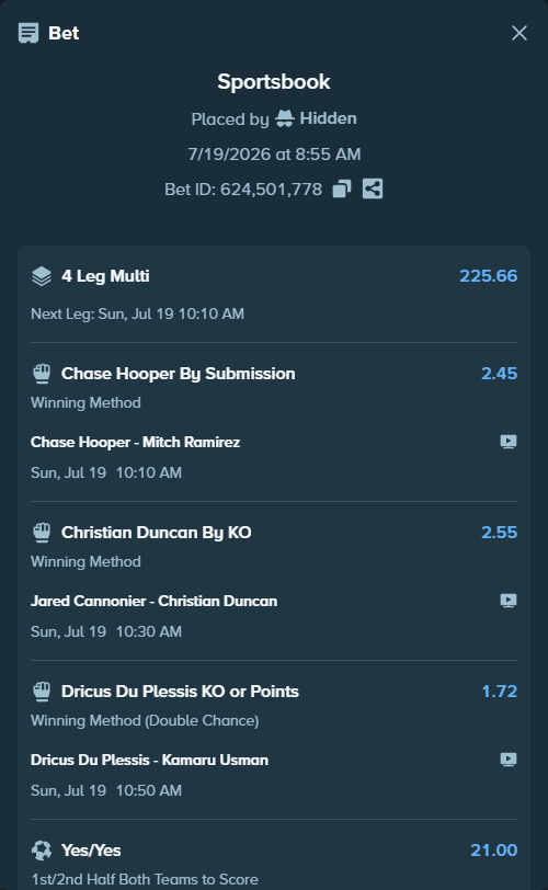 Bet slip: Chase Hooper - Ramirez, Mitch, $10,000.00 stake at 2.45 odds, placed by Hidden