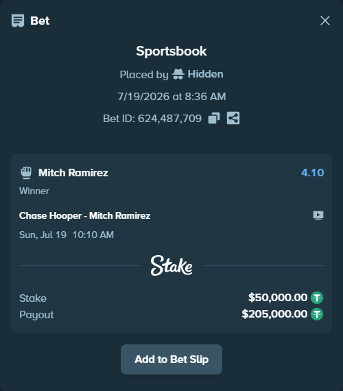 Bet slip: Chase Hooper - Ramirez, Mitch, $50,050.00 stake at 4.10 odds, placed by Hidden