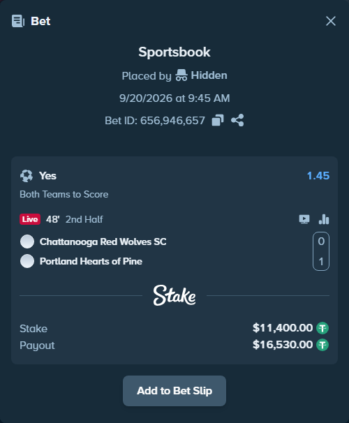 Bet slip: Chattanooga Red Wolves SC - Portland Hearts of Pine, $11,400.00 stake at 1.45 odds, placed by Hidden
