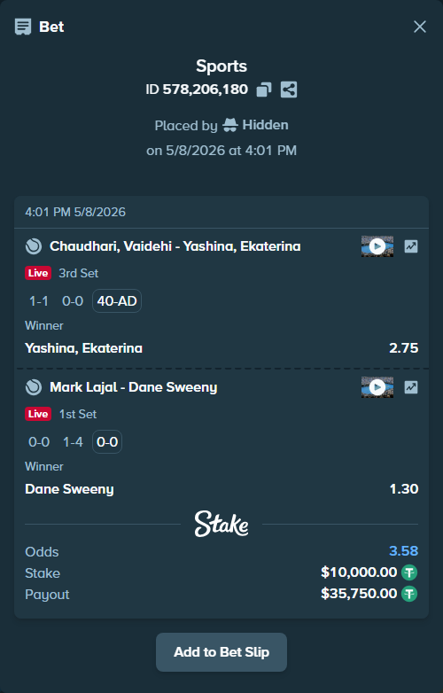 Bet slip: Chaudhari, Vaidehi - Ekatarina Yashina, $10,000.00 stake at 2.75 odds, placed by Hidden