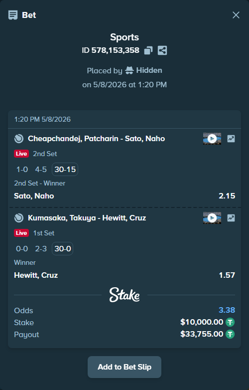 Bet slip: Cheapchandej, Patcharin - Sato, Naho, $10,000.00 stake at 2.15 odds, placed by Hidden