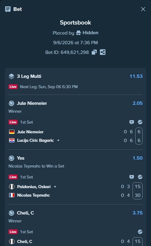 Bet slip: Cheli, C - Zurmuehle, Aurora, $11,647.00 stake at 3.75 odds, placed by Hidden