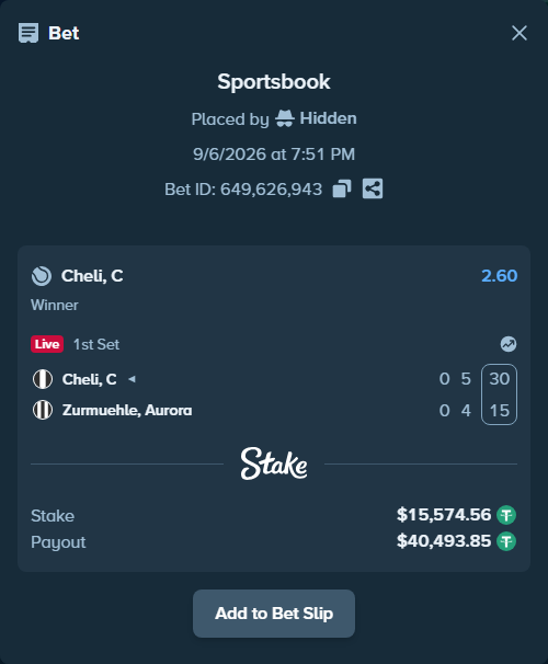 Bet slip: Cheli, C - Zurmuehle, Aurora, $15,573.00 stake at 2.60 odds, placed by Hidden
