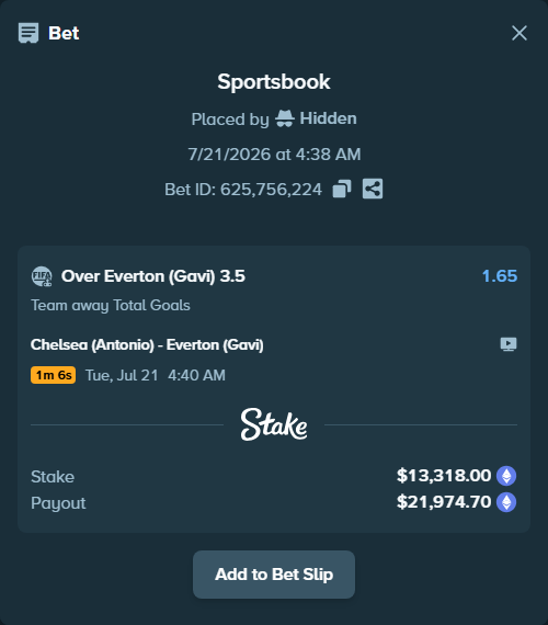 Bet slip: Chelsea (Antonio) - Everton (Gavi), $13,352.79 stake at 1.65 odds, placed by Hidden