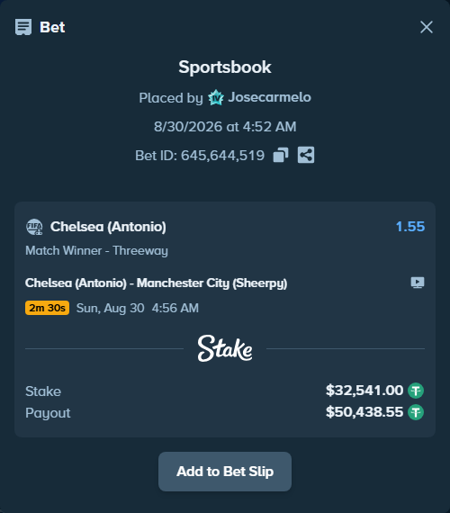 Bet slip: Chelsea (Antonio) - Manchester City (Sheerpy), $32,541.00 stake at 1.55 odds, placed by Josecarmelo
