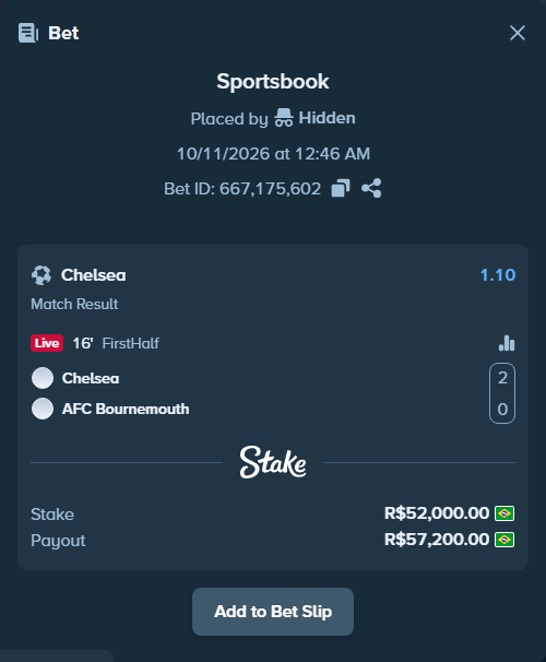 Bet slip: Chelsea - Bournemouth, $10,400.00 stake at 1.10 odds, placed by toussaintpedro