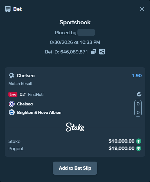Bet slip: Chelsea - Brighton, $10,000.00 stake at 1.90 odds, placed by Petter921