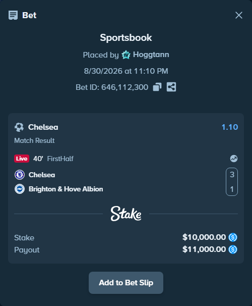 Bet slip: Chelsea - Brighton, $10,000.00 stake at 1.10 odds, placed by Hoggtann