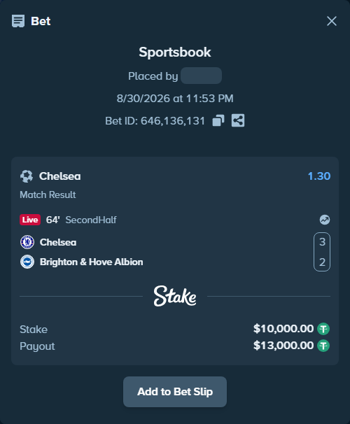 Bet slip: Chelsea - Brighton, $10,000.00 stake at 1.30 odds, placed by Raja6457