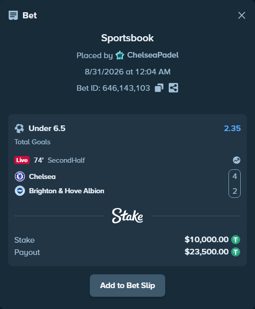 Bet slip: Chelsea - Brighton, $10,000.00 stake at 2.35 odds, placed by ChelseaPadel