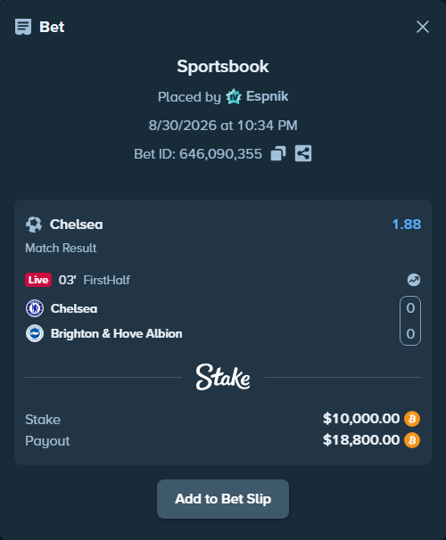 Bet slip: Chelsea - Brighton, $10,032.52 stake at 1.88 odds, placed by Espnik