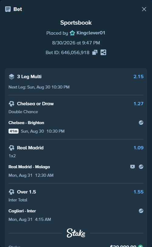 Bet slip: Chelsea - Brighton, $20,000.00 stake at 1.27 odds, placed by Kingclever01