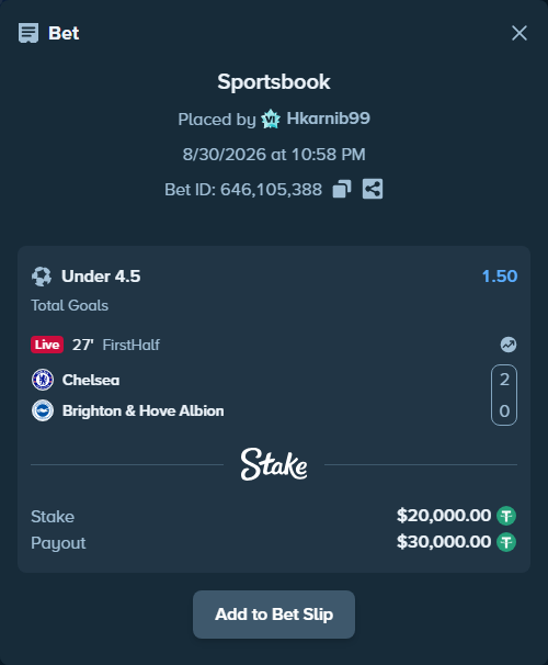 Bet slip: Chelsea - Brighton, $20,000.00 stake at 1.50 odds, placed by Hkarnib99