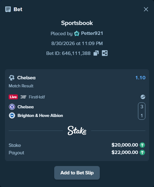 Bet slip: Chelsea - Brighton, $20,000.00 stake at 1.10 odds, placed by Petter921