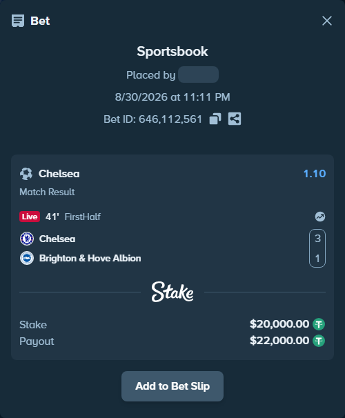 Bet slip: Chelsea - Brighton, $20,000.00 stake at 1.10 odds, placed by petterblom
