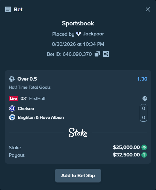 Bet slip: Chelsea - Brighton, $25,000.00 stake at 1.30 odds, placed by Jackpoor