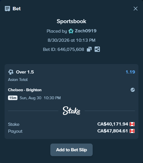 Bet slip: Chelsea - Brighton, $29,727.24 stake at 1.19 odds, placed by Zach0919