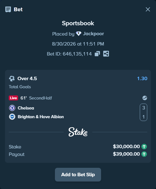 Bet slip: Chelsea - Brighton, $30,000.00 stake at 1.30 odds, placed by Jackpoor
