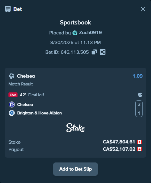 Bet slip: Chelsea - Brighton, $35,375.41 stake at 1.09 odds, placed by Zach0919