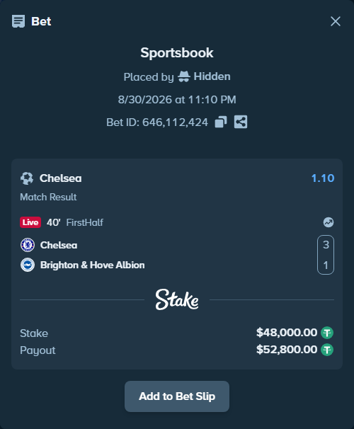 Bet slip: Chelsea - Brighton, $48,000.00 stake at 1.10 odds, placed by Hidden