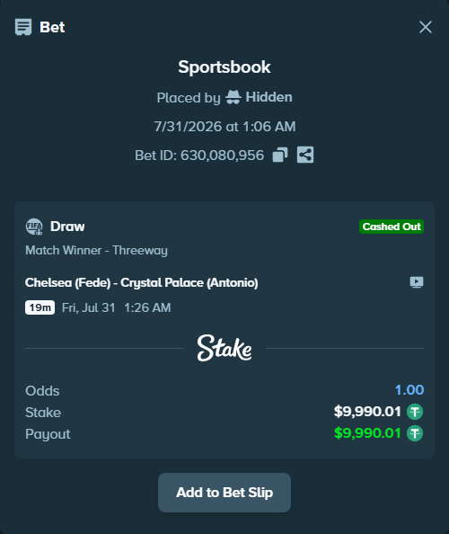 Bet slip: Chelsea (Fede) - Crystal Palace (Antonio), $10,000.00 stake at 5.30 odds, placed by Hidden