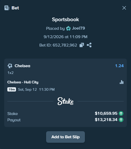 Bet slip: Chelsea - Hull City, $10,659.95 stake at 1.24 odds, placed by JoelT9