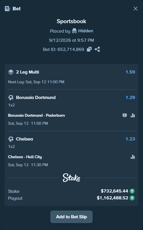 Bet slip: Chelsea - Hull City, $732,645.44 stake at 1.23 odds, placed by Hidden