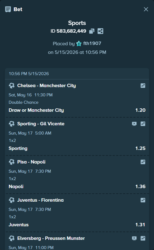 Bet slip: Chelsea - Manchester City, $10,000.00 stake at 1.20 odds, placed by fth1907