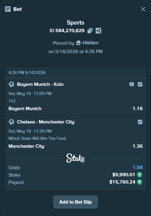 Bet slip: Chelsea - Manchester City, $10,000.00 stake at 1.36 odds, placed by Hidden