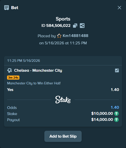Bet slip: Chelsea - Manchester City, $10,000.00 stake at 1.40 odds, placed by Km14881488