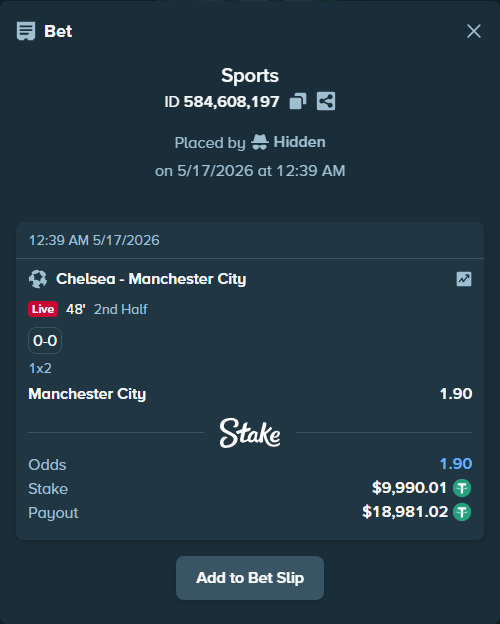 Bet slip: Chelsea - Manchester City, $10,000.00 stake at 1.90 odds, placed by Hidden