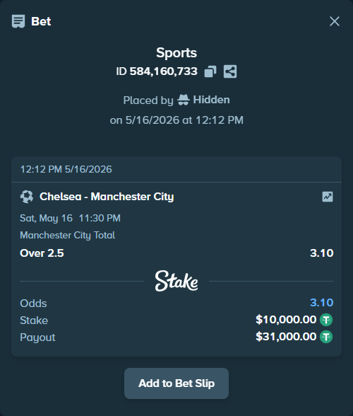 Bet slip: Chelsea - Manchester City, $10,010.00 stake at 3.10 odds, placed by Hidden