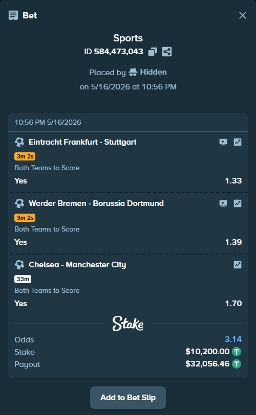 Bet slip: Chelsea - Manchester City, $10,200.00 stake at 1.70 odds, placed by Hidden