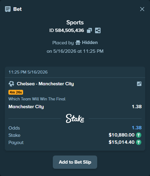Bet slip: Chelsea - Manchester City, $10,880.00 stake at 1.38 odds, placed by Hidden