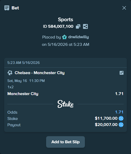 Bet slip: Chelsea - Manchester City, $11,700.00 stake at 1.71 odds, placed by drwildwilly