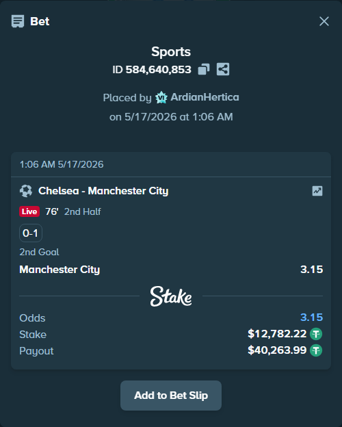 Bet slip: Chelsea - Manchester City, $12,795.00 stake at 3.15 odds, placed by ArdianHertica