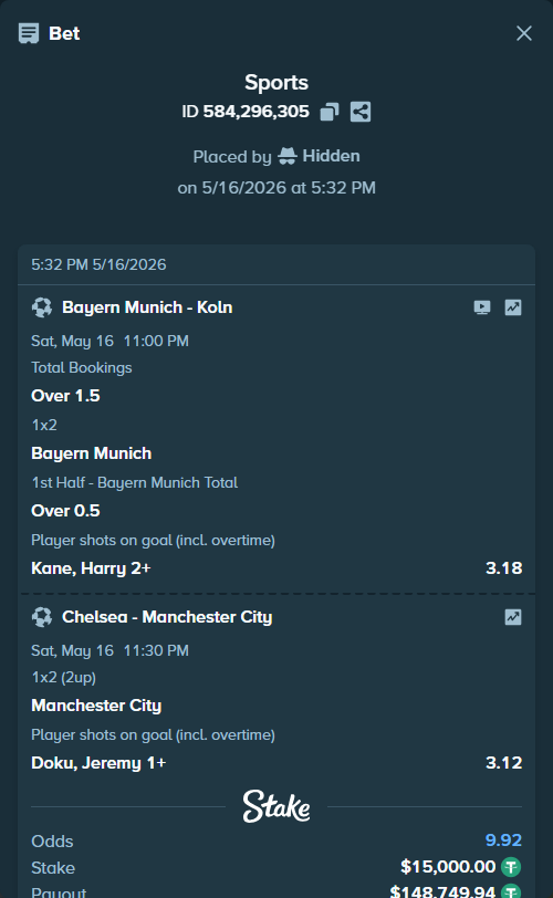 Bet slip: Chelsea - Manchester City, $15,015.00 stake at 1.68 odds, placed by Hidden
