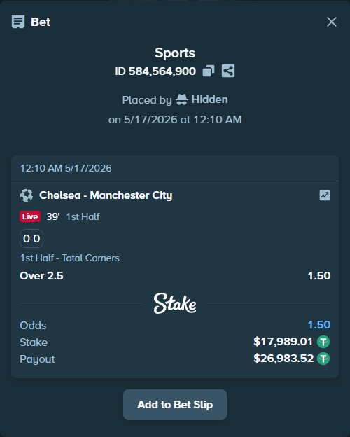 Bet slip: Chelsea - Manchester City, $18,007.00 stake at 1.50 odds, placed by Hidden